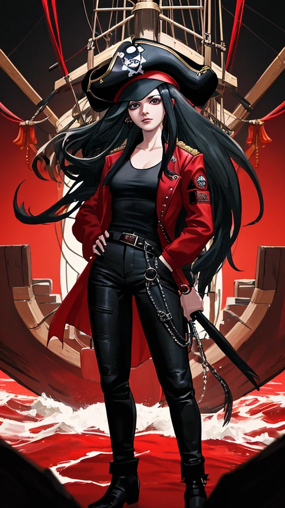 The 25 year old female pirate has a red jacket on the outside and a black shirt on the inside and wears black and white pants. The background is standing on the cockpit of a pirate ship called the Black Pearl on the blue sea. immense