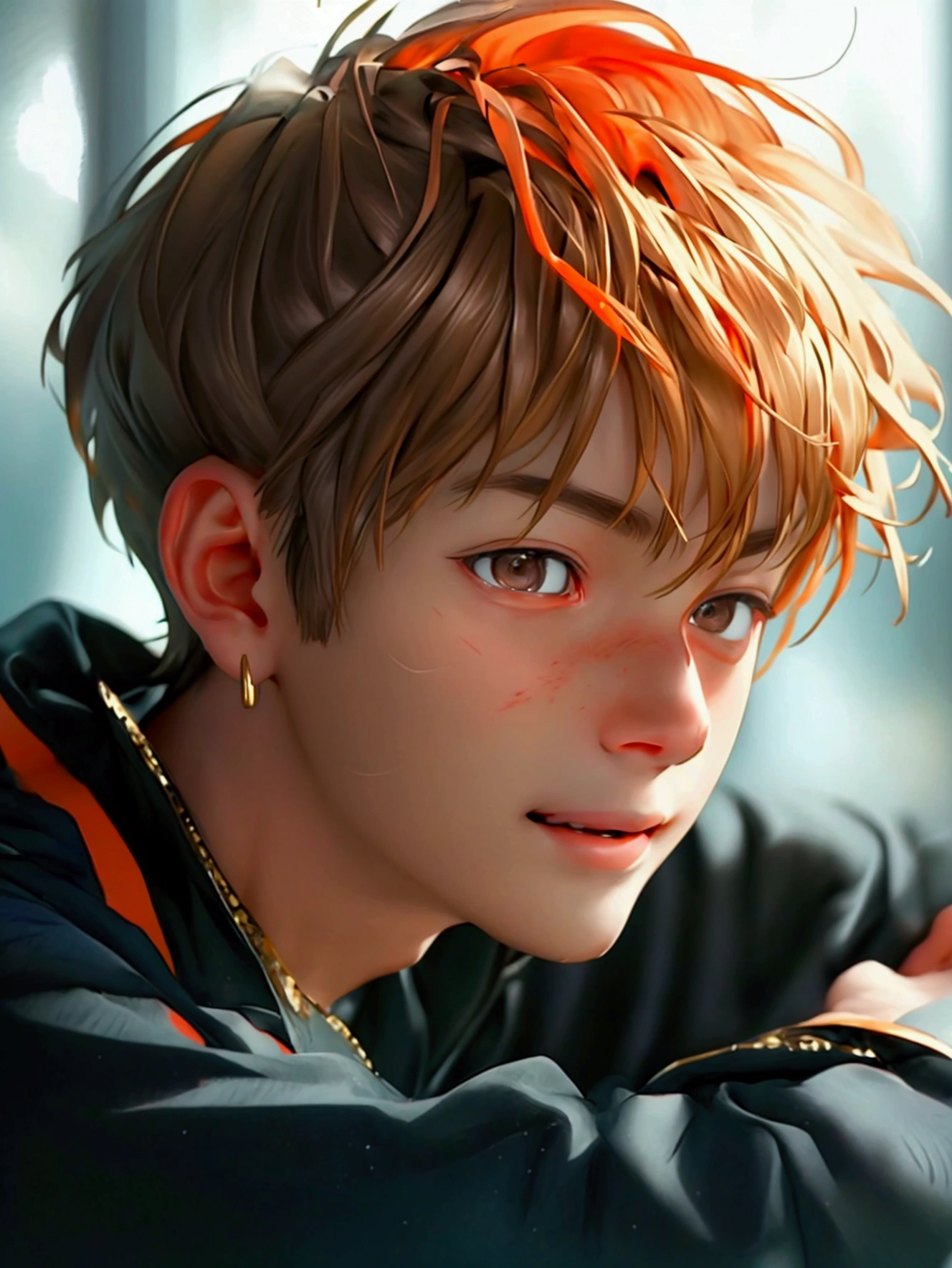 (Very realistic, concentrate、High resolution, Detailed face, Detailed Hair,fine grain)，Official Art，8k wallpaper，figure，((One boy)), Shorthair with light brown hair、Light brown eyes、smile, Trendy clothing，sneakers，whole body，Hands hang down naturally，orange hair 