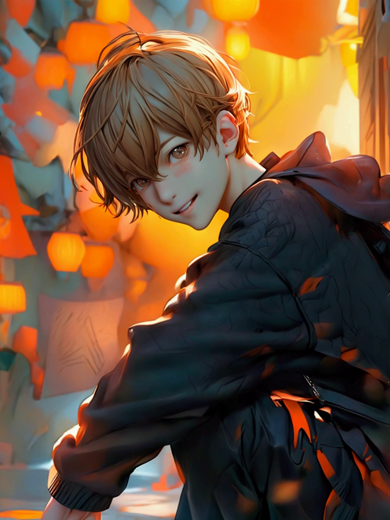 (Very realistic, concentrate、High resolution, Detailed face, Detailed Hair,fine grain)，Official Art，8k wallpaper，figure，((One boy)), Shorthair with light brown hair、Light brown eyes、smile, Trendy clothing，sneakers，whole body，Hands hang down naturally，orange hair 