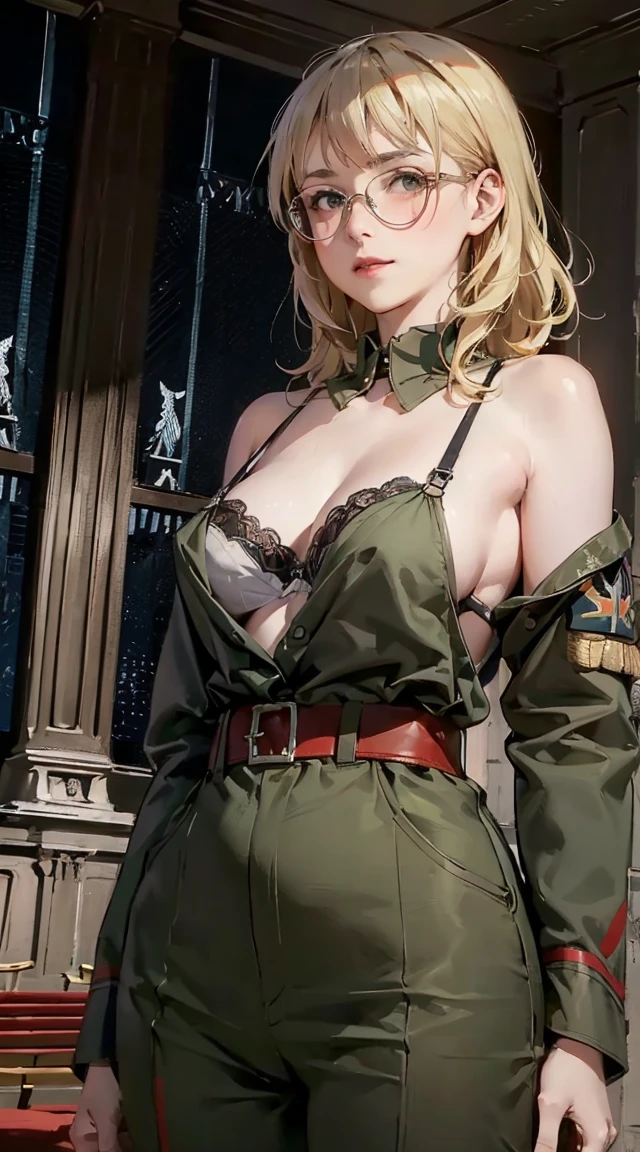 (solo focus:1.4), (female with 50 years old appearance), (mature women), (grey hair, curly hair, medium hair), (((white skin))), (bulky and buff), perfect hands, smooth face, smooth long hair, perfect skin, (wearing dark green general uniform:1.4), makeup, (32k Wallpaper), HD, Ultra Quality Hair, Ultra Quality Face, Ultra Quality Image, Cinematic lights, detailed eyes, medium shots, proportional fingers, detailed hands, (Military Hall background:1.8), looking at viewer, close smile　masterpiece, best quality,1girl, solo, realistic, upper_body, looking_at_viewer, futuristic woman　(masterpiece), best quality, night bedroom, pale pink bra, bashful, blush, indoors, dress shirt, bra open shirt, from below, pov, low angle, mari ohara bigass bighip、FUCK　FUCKOFF　SEXY(((masterpiece))), (((best quality))), ((ultra-detailed)), (illustration), (detailed light), ((an extremely delicate and beautiful)), (beautiful detailed eyes), (sunlight), blush, shy, gigantic breasts, uzaki, outdoors, dynamic pose, naked overalls bare shoulders bigass bighip、FUCK　FUCKOFF　SEXYroupa modesta, tiro remoto, Detalhe bonito rosto delicado, Olhos delicados bonitos detalhados, perfect facial proportions, High definition skin, pele fina, best four inch aspect ratio. Com um polegar, uma obra-prima, altamente detalhado, Realistic, (German World War II general uniform reference : 1.8), the highest facial resolution, , mulher modestamente vestida, vestido inteiramente, ( pequeno, cabelos pretos, black franja reta, super thin braids, franja reta, Red glasses, olho verde escuro, science fiction, Fighter aircraft, standing On the landing of a Fighter aircraft, the agency, uma personalidade profundamente inteligente, A calm expression, um rosto respeitoso, uma guerra, a Fighter aircraft