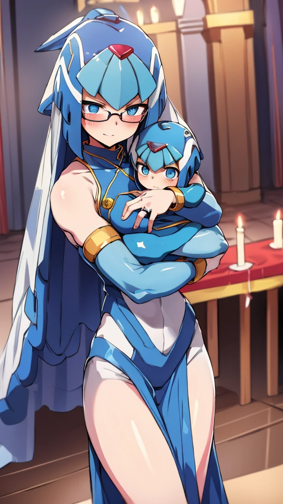 Leviathan_Megamanz, 1 Girl ,Looking at the viewer , blue hair, Blue eyes,marriage altar background , Blushed, Wedding ring, Wedding Dress, Glasses, Holding a baby girl in hands 