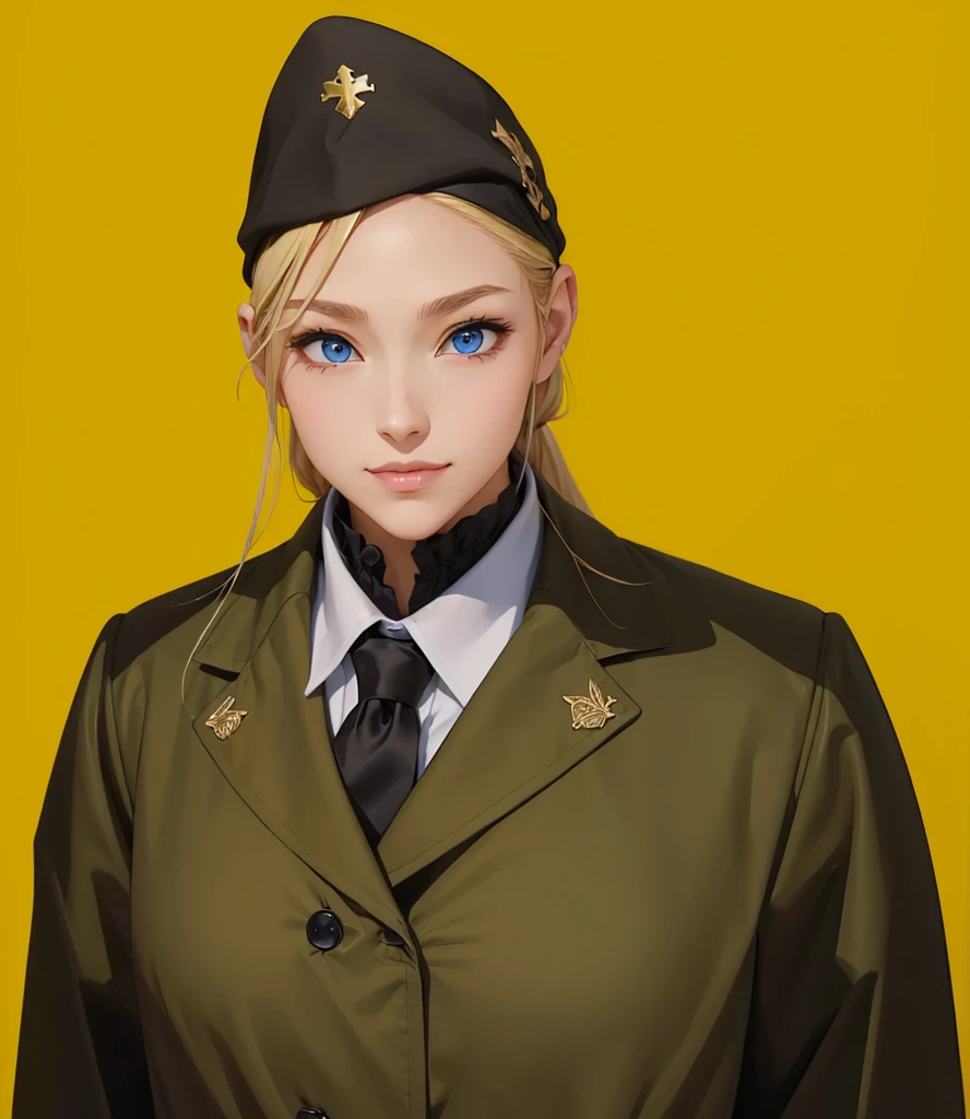 Female, (girls:1.5), (exceptional, best aesthetic, new, newest, best quality, anime, waifu:1.2), best quality, ultra detailed, absurdres, highres, colored, good anatomy, normal eyes, centered eyes, no cockeyed, no cross-eyes black hair, pretty smiling kind face, blonde hair, blue eyes, olive color soft hat, olive color coat, inside white shirt, black tie,