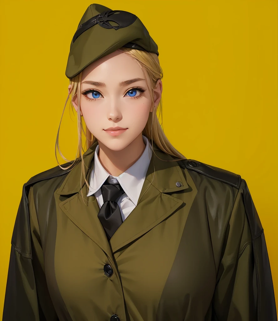 Female, (girls:1.5), (exceptional, best aesthetic, new, newest, best quality, anime, waifu:1.2), best quality, ultra detailed, absurdres, highres, colored, good anatomy, normal eyes, centered eyes, no cockeyed, no cross-eyes black hair, pretty smiling kind face, blonde hair, blue eyes, olive color soft hat, olive color coat, inside white shirt, black tie,