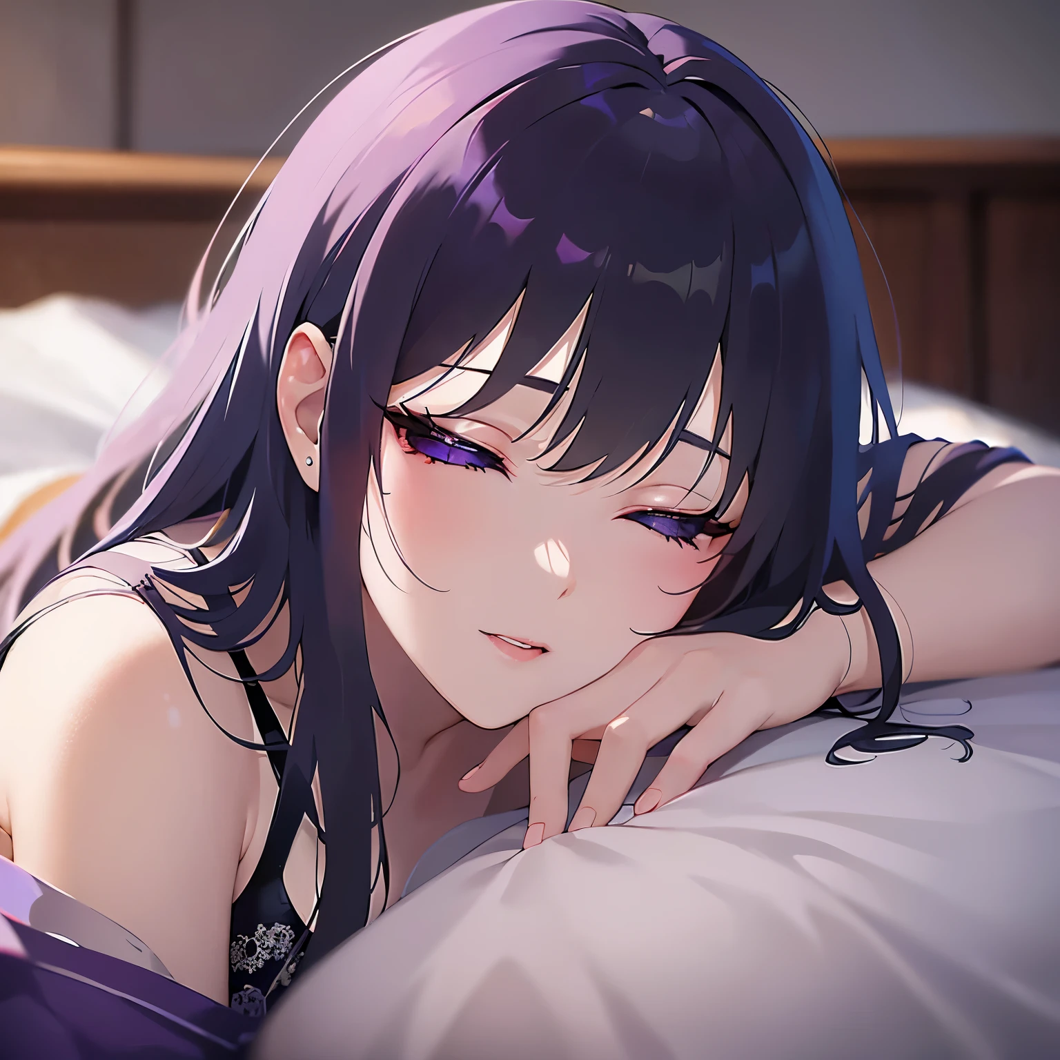 closed eyes,
Realistic, real person, (pale skin: 1.2), RAW photo, photorealistic, shiny skin, shiny hair、
(A 25-year-old woman with straight hair and bangs) and (medium hair) and (black hair) and (purple eyes) , 
(purple) and (yukata),Cleavage、blush,Lying face down on the futon