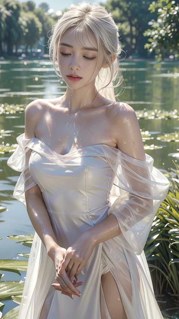 (highest quality、4K、masterpiece:1.3)、Beautiful woman、1 girl、sexly:1.1、Wet golden white hair:1.1、)、(Eyes closed),highly detailed face、lip details、detailed eye、double eyelid、(Pink nipples are transparent)、(Translucent off-shoulder wet white dress)、(she is wet)、(Woman in a lakeside park)、Lying and soaking in Monet's pond、