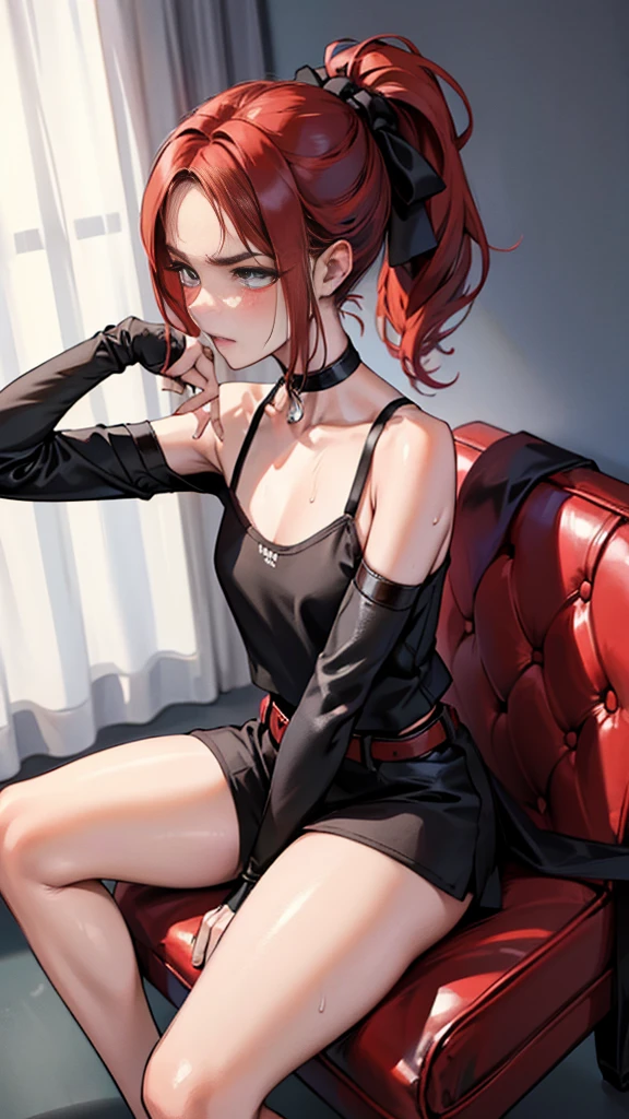 a 17 year old girl, pelo corto, pelo color rojo caramelo, pelo rizado, gafas, pecho mediano, muslos un poco grandes, culo un poco grande, crimson green eyes, sitting in an armchair, cuerpo completo, short corto negro, camisa de tirantes, sonrisa, gestos alegres, coqueta.