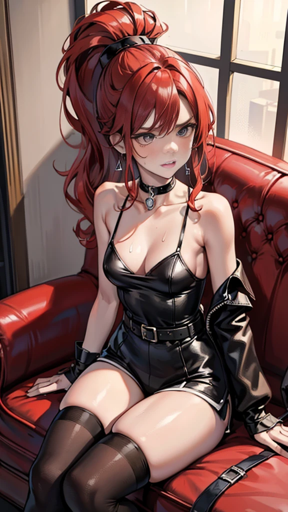 {{masterpiece}}, {{{Highest quality}}},{{Very detailed}},{{{from below}}}、{{{View from below}}}、{{{Low - Angle}}}、Leg spread、Spread your legs,{{ woman with red hair and ponytail sitting on chair}}Shorts,belt, Black choker、 black fingerless gloves,Small breastlegs camisole,Focus on legs{{Mature woman g in a chair in the waiting room with a serious expression}}},{{疲労でSweatをかいている成人女性}},Sweat,Hold the arm with one hand ,sit,{{Blushing}},{{V-shaped eyebrows}}},{{{}},{椅子にsit}},{},, ,{{}},,,{{}},{{}},,Slender body}}{}},,blush,Wrinkles ,amount,Grit your teeth,suffering,v-shaped eyebrows.,Sweat dripping ,get annoyed,,Inside the waiting room,