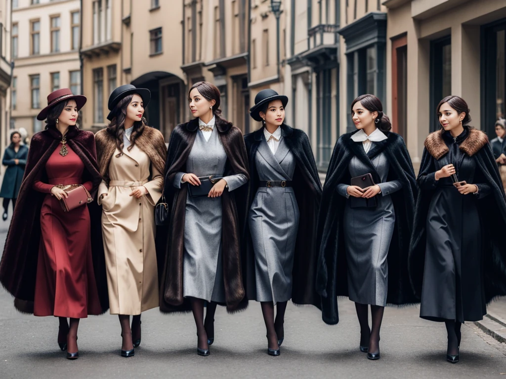 Four women dressed in old-fashioned European formal wear。Fur Cape