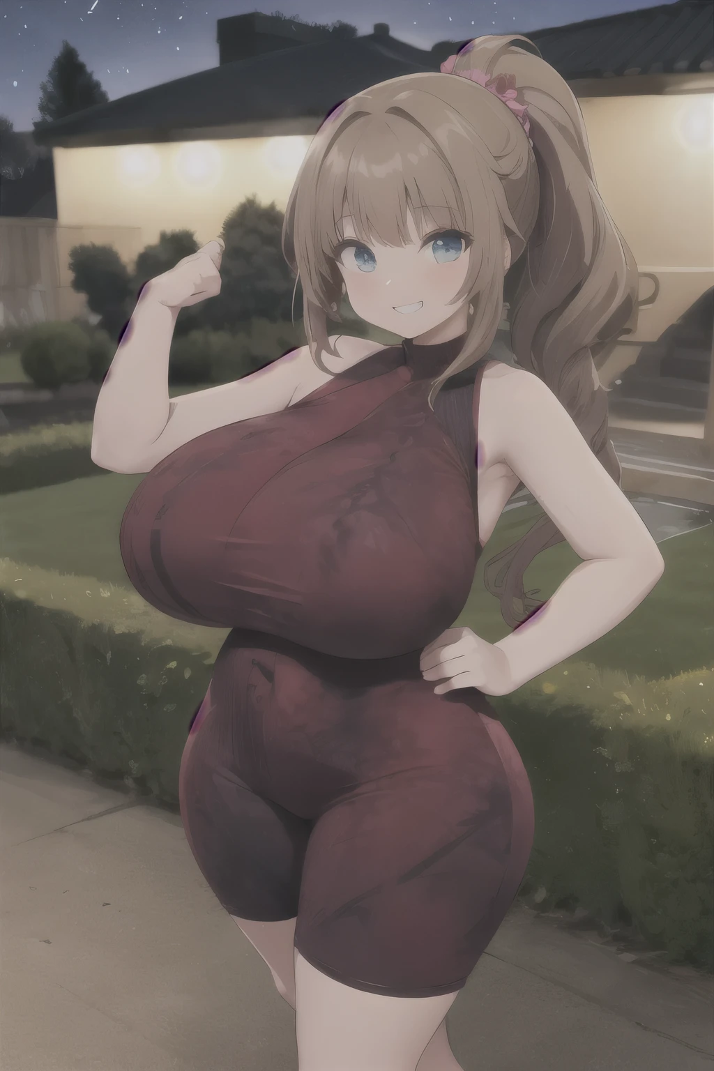 short tie-dye jumpsuit, gigantic breasts, wide hips, side cutout, night, outdoors, [shorts], light brown hair, grin, ponytail, spaghetti strap, sleeveless