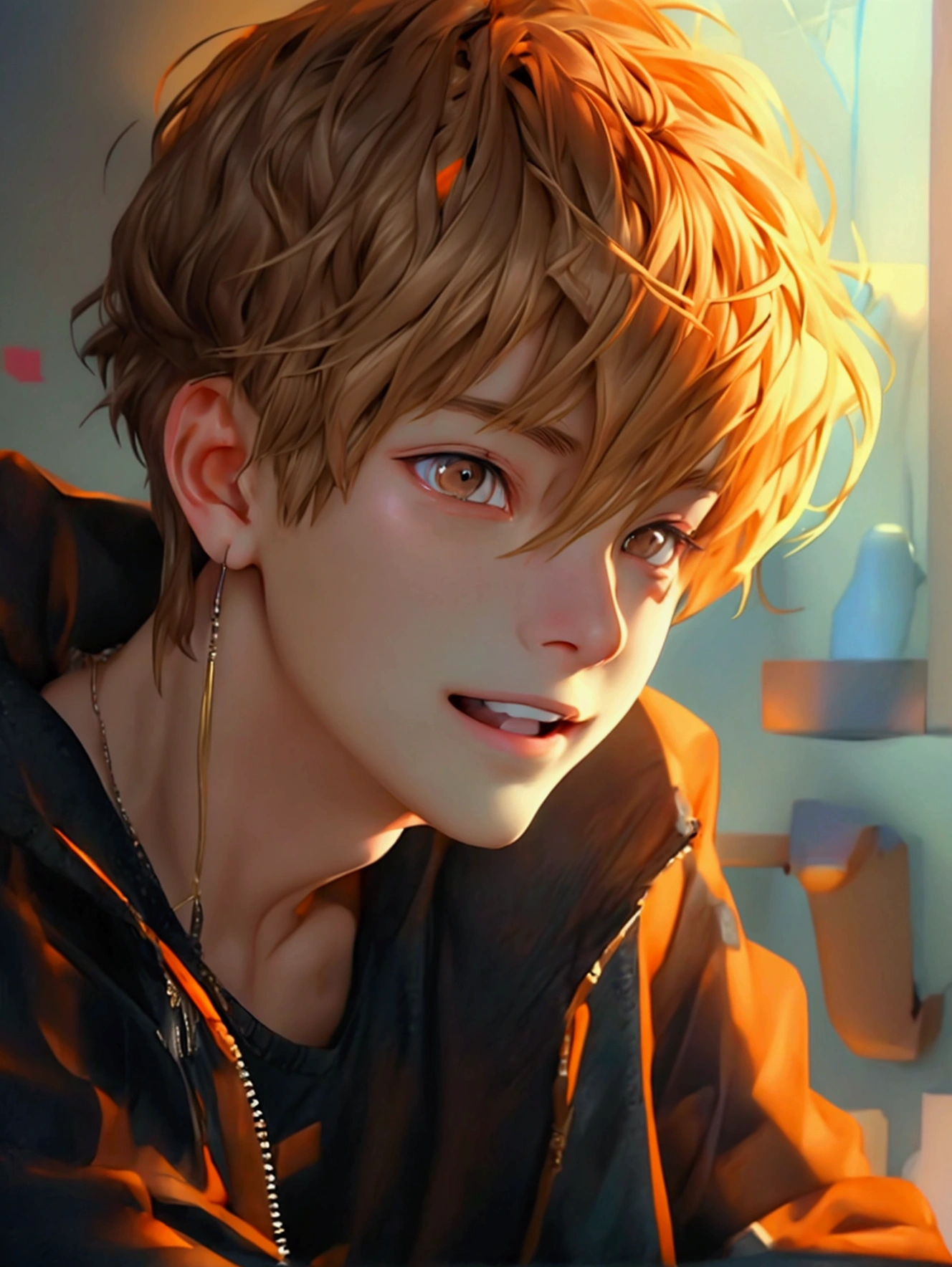 (Very realistic, concentrate、High resolution, Detailed face, Detailed Hair,fine grain),Official Art,8k wallpaper,figure,((One boy)), Shorthair with light brown hair、Light brown eyes、smile, Trendy clothing,sneakers,whole body,Hands hang down naturally,bright smile,orange hair color