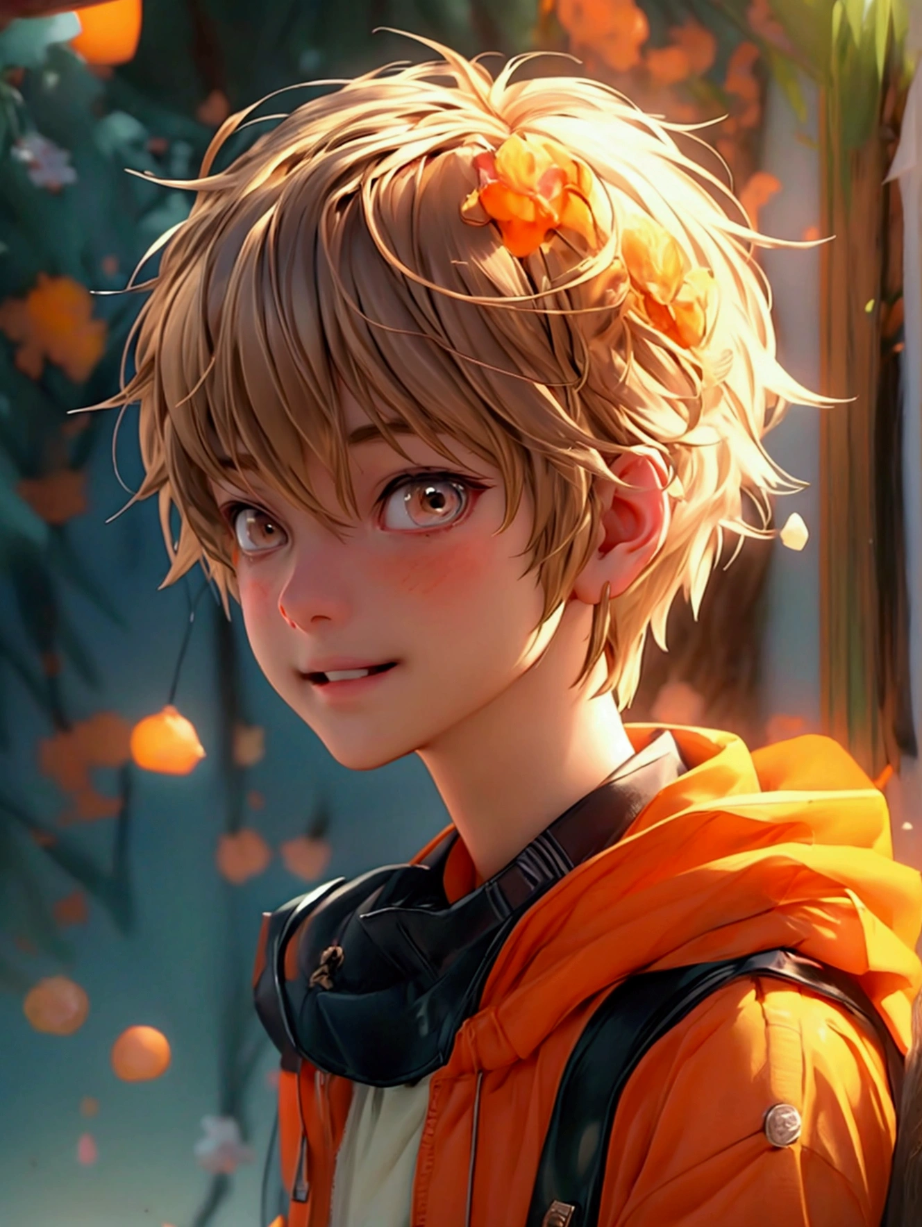 (Very realistic, concentrate、High resolution, Detailed face, Detailed Hair,fine grain)，Official Art，8k wallpaper，figure，((One boy)), Shorthair with light brown hair、Light brown eyes、smile, Trendy clothing，sneakers，whole body，Hands hang down naturally，bright smile,orange hair color 