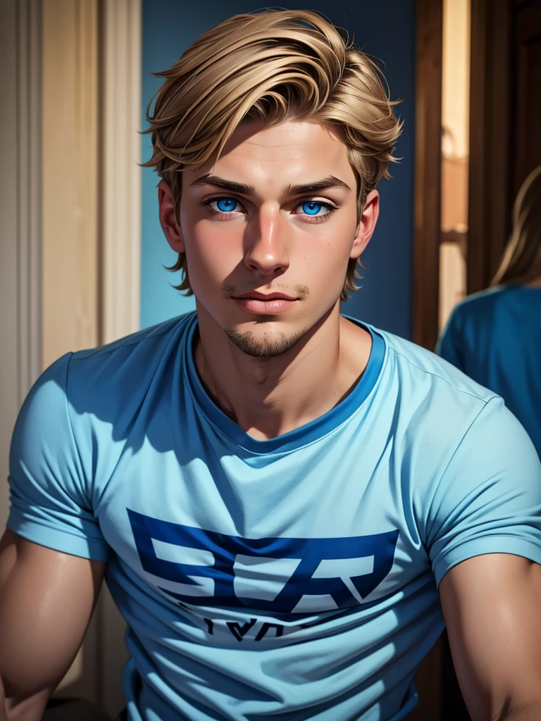 (teenage boy) (dark blonde hair), (blue colored eyes), (Caucasian skin), (close no rosto) (thin goatee), (social t-shirt), (italian) 