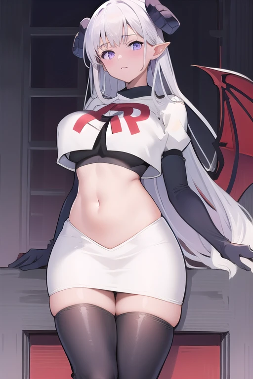 1girl,blue-purple eyes,large breasts,albionsuccubus,bat wings, team rocket,team rocket uniform,white skirt,red letter R,crop top,black thigh-highs,black elbow gloves
 