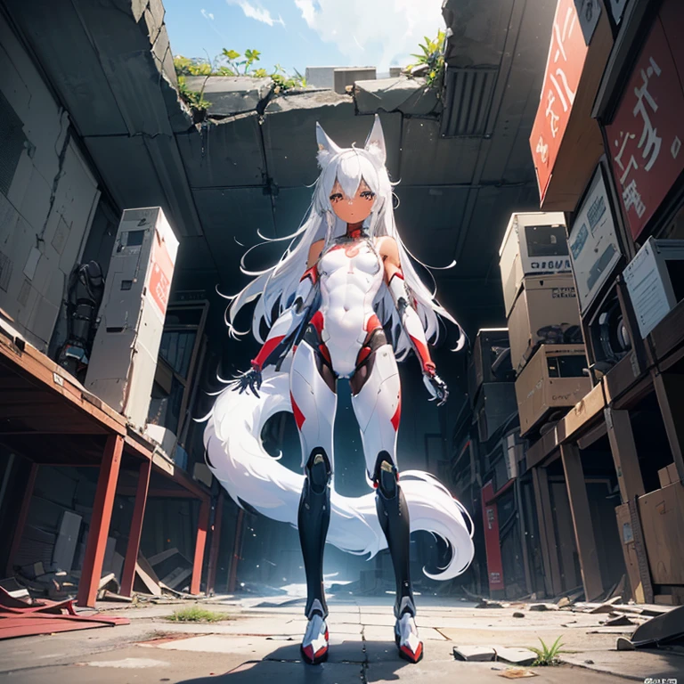 (8k, Realistic, RAW Photos, Highest quality, (from below:2), View your viewers: 1.3), (Fox Girl, Fox Ears, Silver Hair, Fox Makeup, One Girl, Long Hair, (Alone on the screen, dark skin), High definition:1.6), (mecha musume, Machinery Parts,Robot Joints, (White and red clothes, Full body mechanical suit):1.8), (Body measurements are 75-60-75!, Young girl body, Small breasts, Proudly, Standing posture, slender, muscle:1.9),(美しいface, Delicate drawing, It is written down in detail), Avatar, face, 色っぽいface, Dominant representation, naughty face, Uplifting, Skin Texture, outside, ruins, Ruined City, Broken Building, There are no people