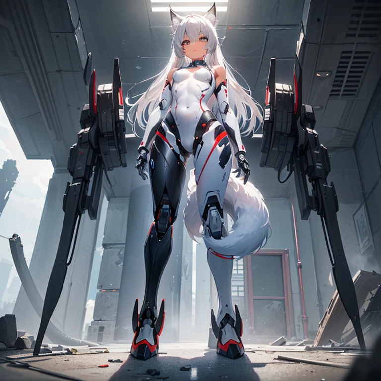 (Fox Girl, Fox Ears, Silver Hair, Fox Makeup, One Girl, Long Hair, Alone on the screen, dark skin, High definition, high resolution:1.6), (mecha musume, Machinery Parts,Robot Joints, White and red clothes, face以outside全身機械スーツ:1.8), (Body measurements are 75-60-75!, Young girl body, Small breasts, hand between legs, Are standing, bent over, slender, muscle:1.9), Avatar, face, 色っぽいface, Dominant representation, naughty face, Uplifting, Skin Texture, outside, ruins, Ruined City, Broken Building, There are no people