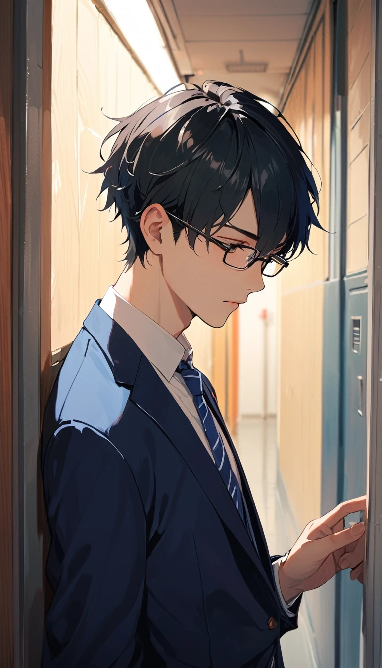 18 years old, a handsome boy, Black Hair, Short Hair,Glasses, blazer, high school student,Introvert,Are standing,Looking down,corridor,(Upper Body)