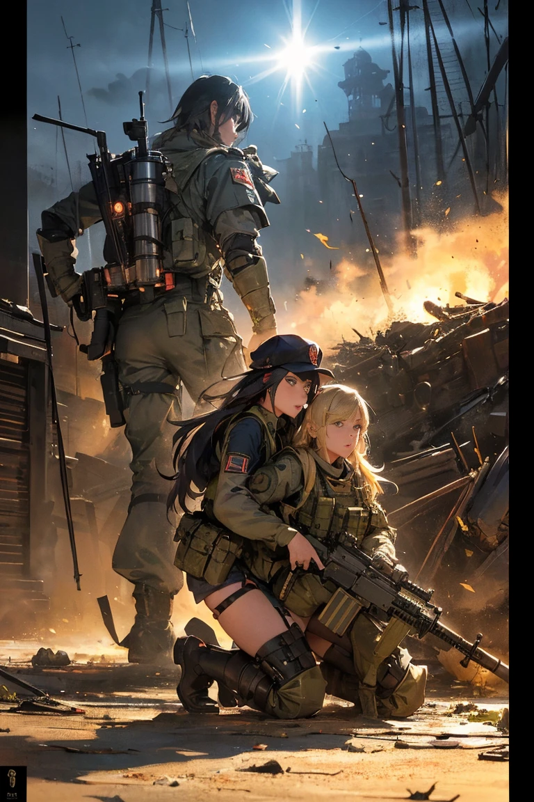 {{Masterpiece, top quality, highly detailed CG, 16K, movie lighting, lens flare}}, (1 girl soldier aiming at a huge military robot with Lahti L-39 anti-tank gun), (wide view), thick body, Photorealism: 1.4, long blond hair, green eyes, have multiple weapons, aim, (Lahti L-39 anti-tank gun), direct light, F/1.8, night footage, shot at 35mm depth of field on the rubble ((Shinjuku at night (5 fully equipped special forces SWAT protect women)), (sniping with anti-tank rifles), (from side), HDR, hyper detailed, giant robot wreckage, (wide angle lens), kneeling shot,Anime girl in military uniform riding motorcycle with hat, Guviz, author:Yoshihiko Wada, Inspired by Masamune Shirow, dieselpunk soldier girl, Guviz-style artwork, by Kamagurka, guweiz masterpiece, style of masamune shirow, author:Uesaka Seka gerhard richter, takato yamamoto, ashley wood, atmospheric ((best quality,4k,highres,masterpiece:1.2)),((character concept art)), 1GIRL 25 YEARS, PRINCESS INKA, fierce inca warrior maiden wields a glowing pink sword as she battles an ancient dark panther amidst a magical misty bamboo forest, ribbons and leaves swirling around her. Dynamic action pose, flowing red and brown fabrics, PERUVIAN, BLACK LONG HAIR, neon lighting, intricate armor details. peruvian tahuantinsuyo, peru, culture inka fantasy scenery. 8K HD --ar 2:3 --s 400 --niji 5,Girl Facing phanter,Back to camera,Lens hyperopia
