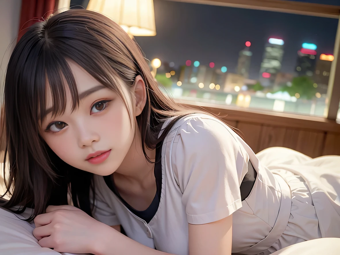 Highest quality, masterpiece, Ultra-high resolution, 8k, RAW Photos, Realistic, Anatomically correct:1.5), 20-year-old girl:1.2, Embarrassing, avert your eyes, blush:1.0, View Viewer, ((Hotel room at night)) 、(Dim lighting)、On the bed、Large windows、Night view、 Light:1.2, Bokeh, Cinema Lighting:1.0, sharp、 Cute Face、Idol、Short sleeve tulle top、Tulle skirt、(Black clothing)、”dwarf”、(Floral clothes)、(Full Body Shot)、Side angle、Cowboy Shot、Sexy pose、 smile、((Ultra short hair、Berry Short))、(Straight bangs)、(( One Girl))、(Waist)、(I can see your thighs)、(Accurate depiction)、((Fuller lips)),Large Breasts、