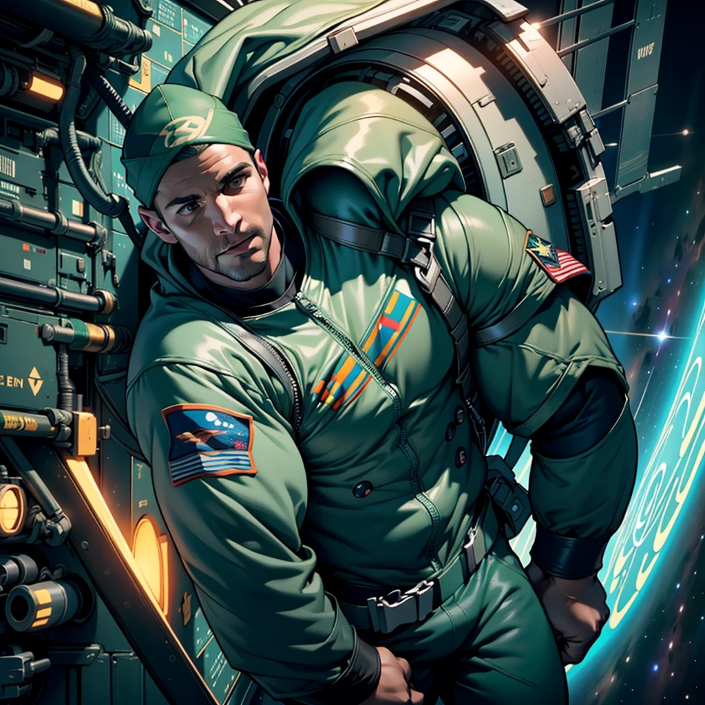 32k,masterpiece, best quality, detailed face, natural eyes,1man, solo mature man, muscled and mature, stephen amell as an astronaut wearing future space suit, dark green suit, showing muscles and bulge ,floating in the space inside a space shuttle , with "arrow" text and logo on his suit , full body, intricate Detailed background
