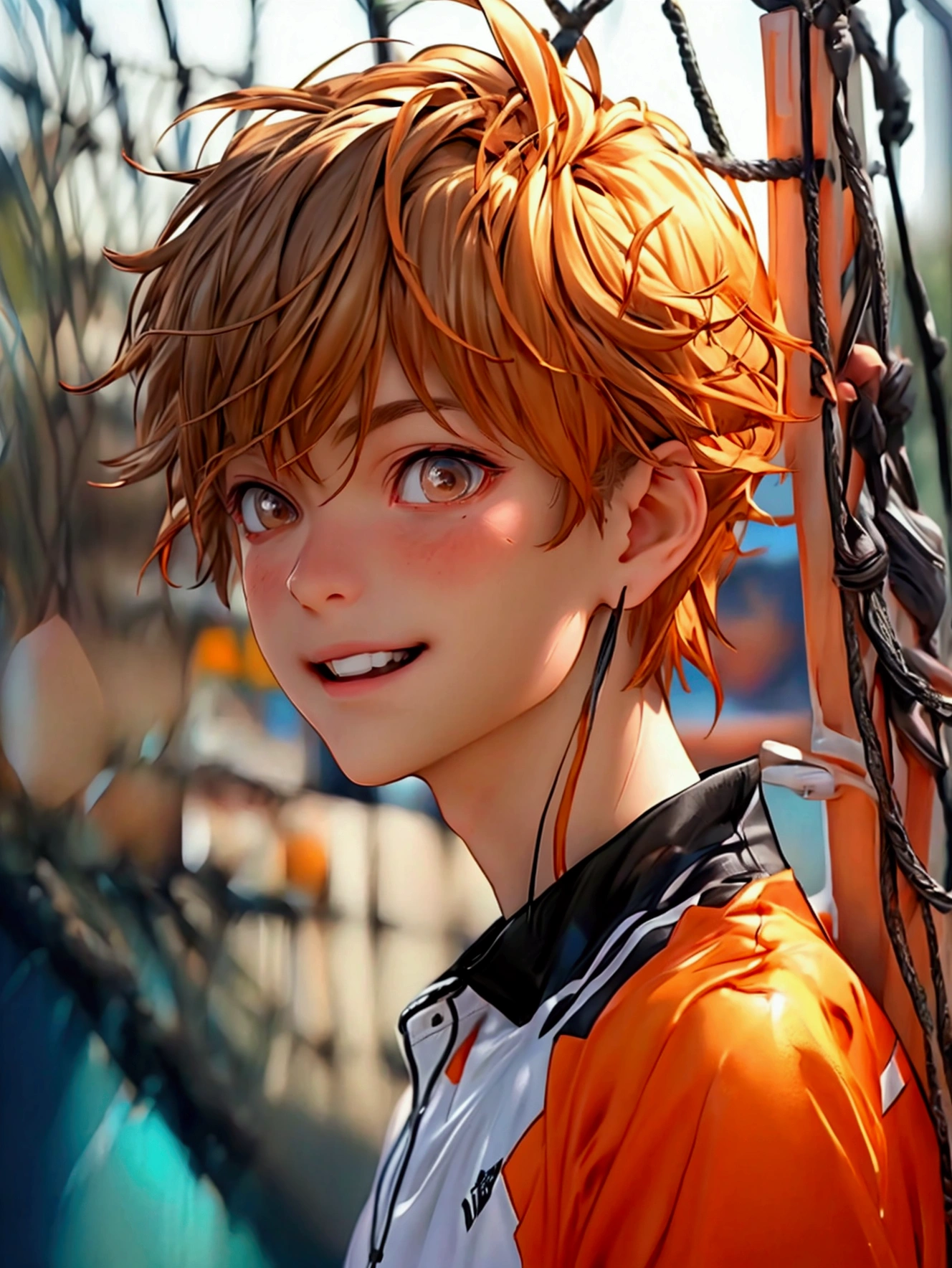 (Very realistic, concentrate、High resolution, Detailed face, Detailed Hair,fine grain)，Official Art，8k wallpaper，figure，((One boy)), Shorthair with light brown hair、Light brown eyes、smile, Trendy clothing，sneakers，whole body，Hands hang down naturally，orange hair, bright smile,playing volleyball 