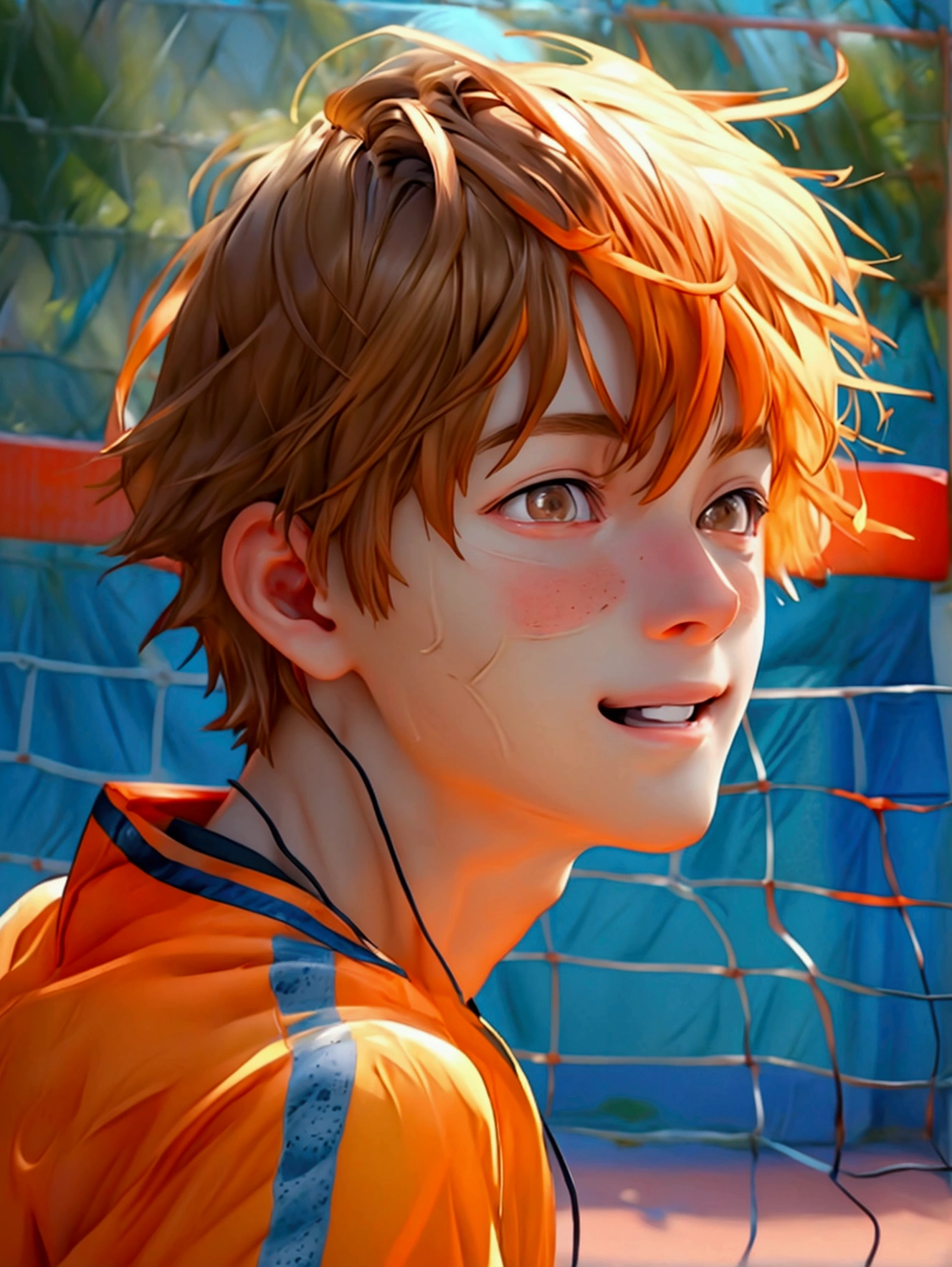 (Very realistic, concentrate、High resolution, Detailed face, Detailed Hair,fine grain)，Official Art，8k wallpaper，figure，((One boy)), Shorthair with light brown hair、Light brown eyes、smile, Trendy clothing，sneakers，whole body，Hands hang down naturally，orange hair, bright smile,playing volleyball 