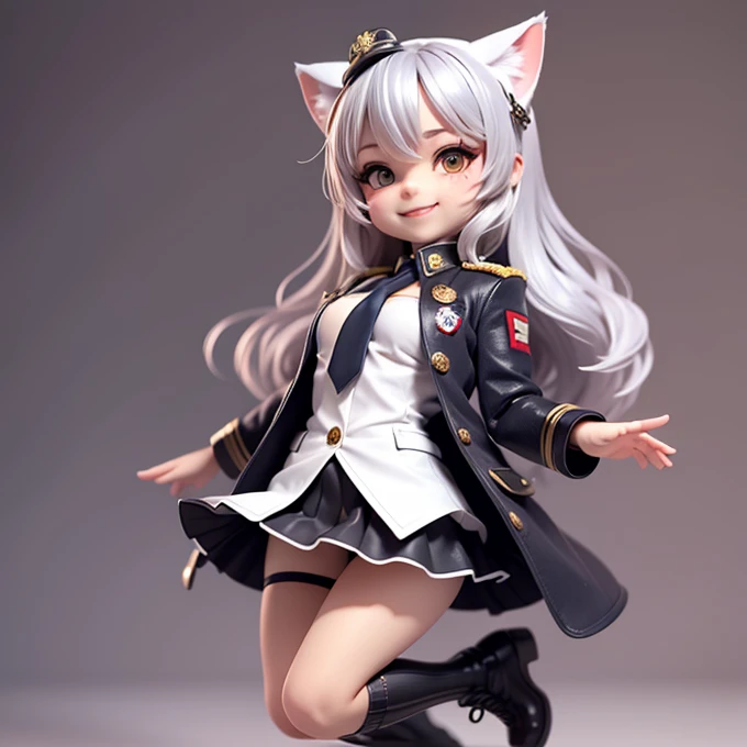 Chibi Character, A silver-haired girl with cat ears wearing a military uniform, smile, mini skirt, See-through tights, Combat Boots, Open chest, Throw kiss, Air strikes in the background