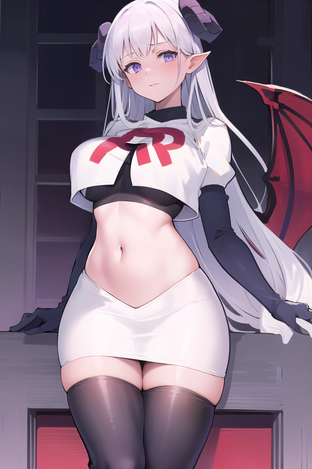 1girl,blue-purple eyes,large breasts,albionsuccubus,bat wings, team rocket,team rocket uniform,white skirt,red letter R,crop top,black thigh-highs,black elbow gloves
 