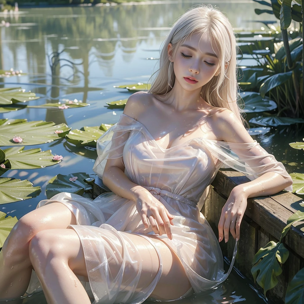 (highest quality、4K、masterpiece:1.3)、Beautiful woman、1 girl、sexly:1.1、Wet golden white hair:1.1、）、(Eyes closed）,highly detailed face、lip details、detailed eye、double eyelid、(Pink nipples are transparent）、(Translucent off-shoulder wet white dress)、(she is wet)、(Woman in a lakeside park)、Lying and soaking in Monet&#39;s pond、