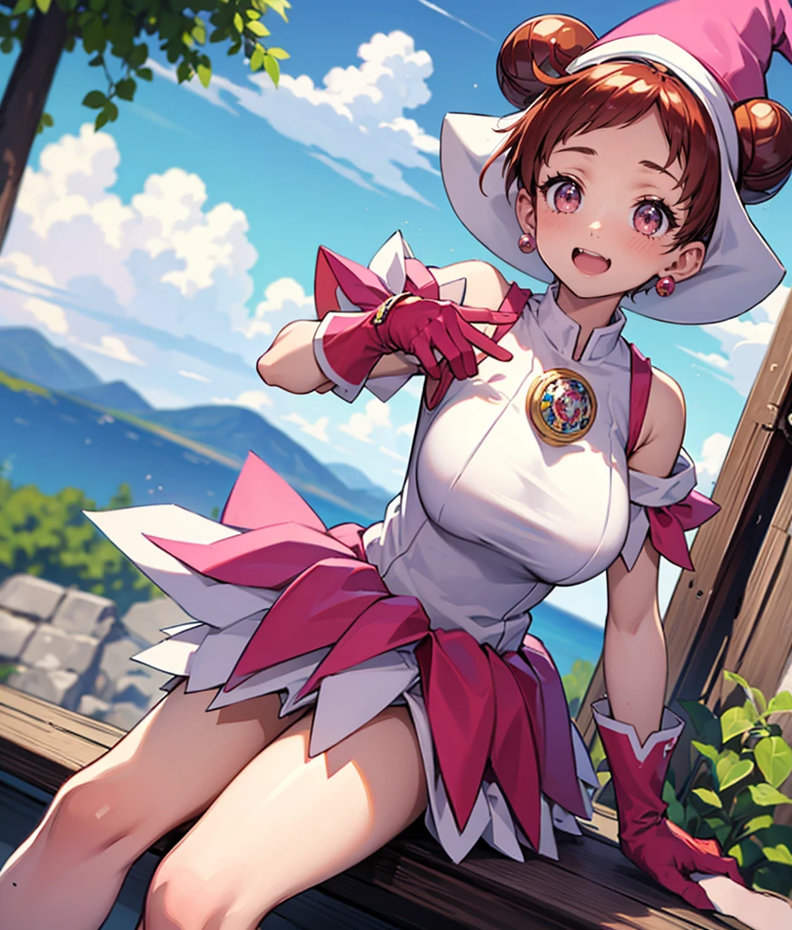 masterpiece, Highest quality, One girl, (hrkzdrm-san_Magnesium Oil:1.0), Hair Bun, short hair, Redhead, Pink Eyes, Witch Hat, Pink Dress, skirt, jewelry, Earrings, Puff sleeves, Pink gloves, Mountain, Sit on the bed, Huge , Chest bulging like crazy, Buttock augmentation, Wide Hips, Fitness Model, Red cheeks, Laughter,Sweat