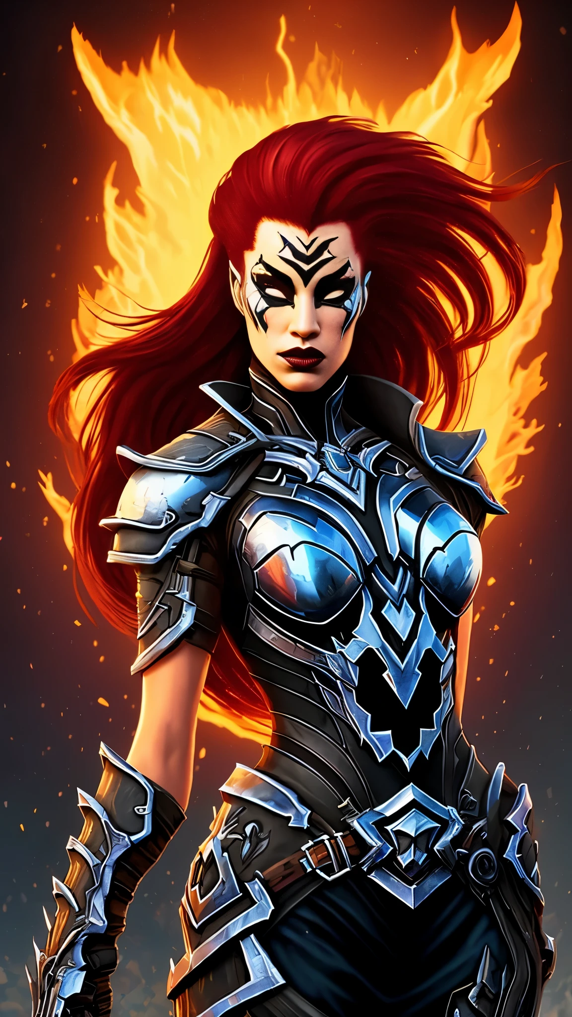 Smell, girlish, rage, Darksiders3, dynamic  pose, intricate pattern, heavy metal, Power lines, Anonymous, bright white eyes, long red hair, wind blew hair, elegant, intense, The outfit is mostly black, with red and black accents, ((heavy armor)),Fury wields a whip, Alone, desert, sunny,Dramatic lighting, (masterpiece:1.2), The best quality, high resolution, beautiful detail, extremely detailed, perfect ilumination