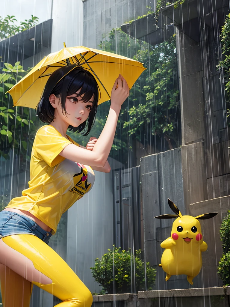 Realistic beautiful Chinese girl wearing a yellow t-shirt with a picture of a thin Pikachu without sleeves, big breasts get caught in the rain, heavy raindrop effect, his whole body was soaked, green garden background, there is writing "COUPLES", Dynamic Pose 