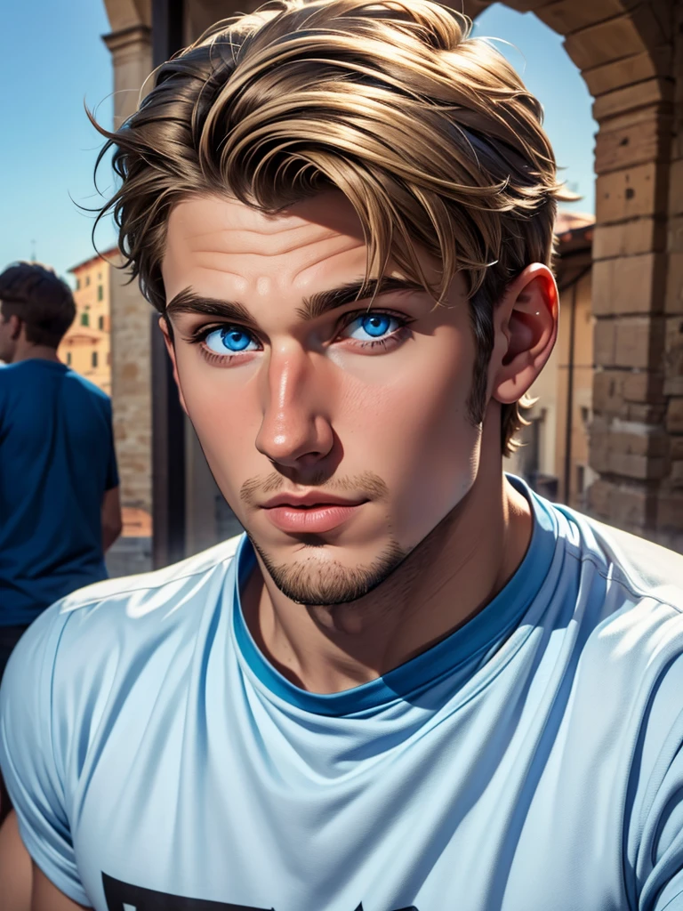 (teenage boy) (dark blonde short hair), (blue colored eyes), (Caucasian skin), (close no rosto) (thin goatee), (social t-shirt), (italian)