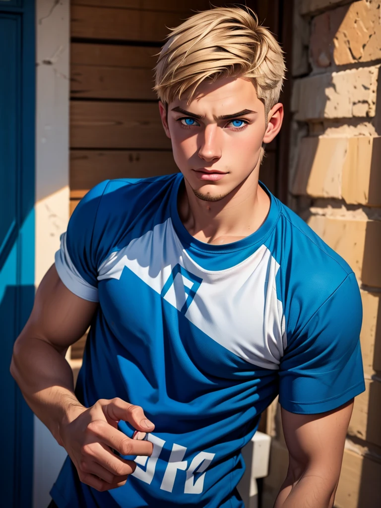 a handsome attractive slender costumed man, blond hair, with light blue eyes, muscular torso, bull costume, giant Pennines farm orchard