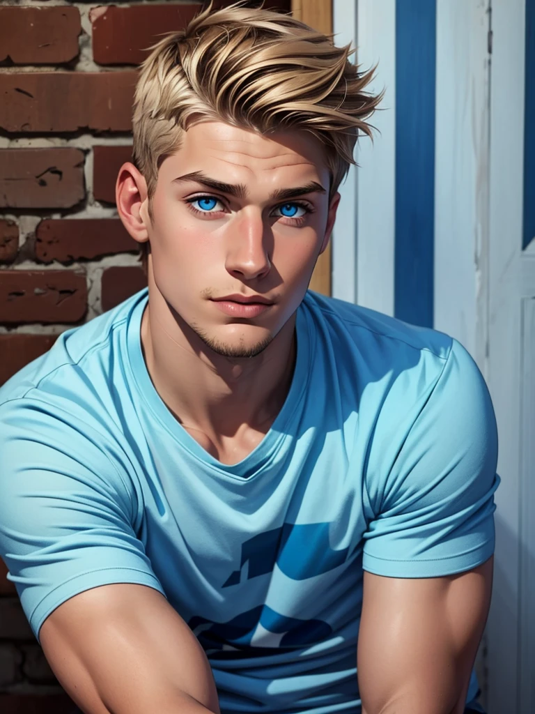 (teenage boy) (dark blonde short hair), (blue colored eyes), (Caucasian skin), (close no rosto) (thin goatee), (social t-shirt), (italian) 