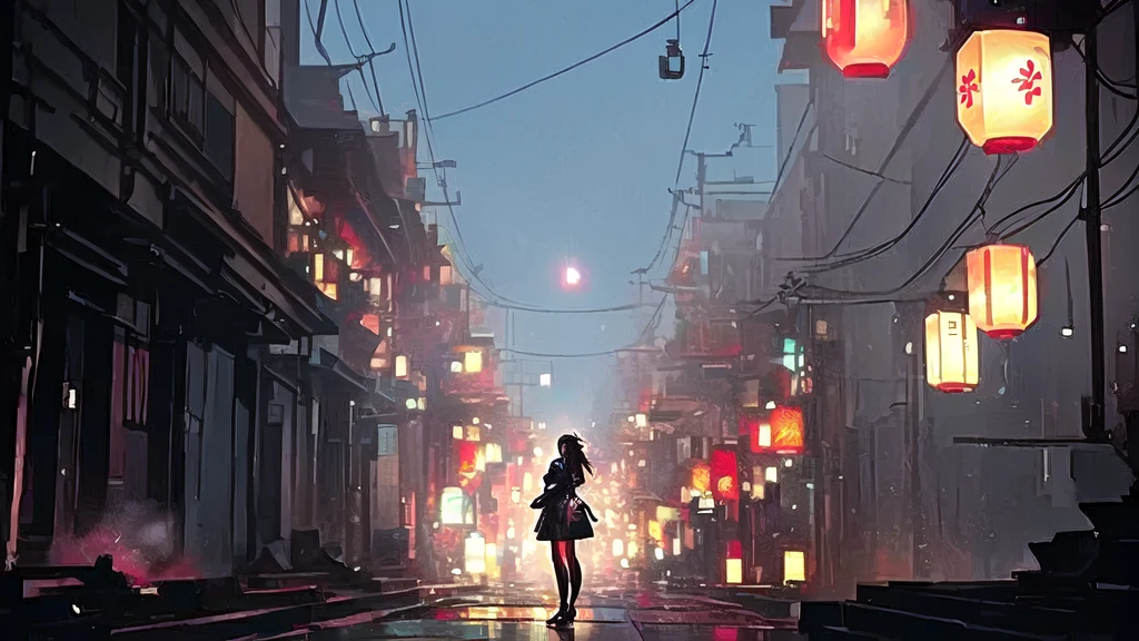(8k, RAW Photos, Highest quality, masterpiece:1.2), High-quality RAW color photos,A woman stands in front of a street full of lanterns, I lost cyberpunk style, Ross Tran. Landscape Background, rossdraws Global Illumination, I lost. Unreal Engine, red lantern, Atei Gailan 8K, I lost style, ( ( I lost ) ), By Atey Gairan, inspired By Atey Gairan
