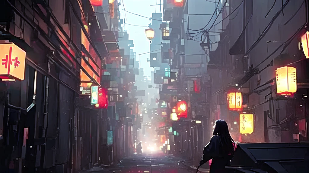 (8k, RAW Photos, Highest quality, masterpiece:1.2), High-quality RAW color photos,A woman stands in front of a street full of lanterns, I lost cyberpunk style, Ross Tran. Landscape Background, rossdraws Global Illumination, I lost. Unreal Engine, red lantern, Atei Gailan 8K, I lost style, ( ( I lost ) ), By Atey Gairan, inspired By Atey Gairan
