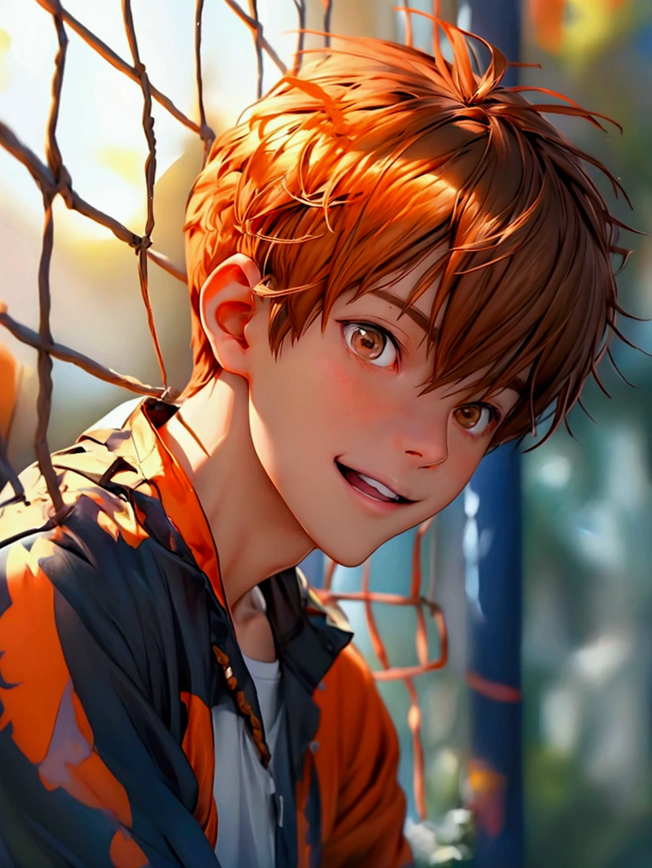 (Very realistic, concentrate、High resolution, Detailed face, Detailed Hair,fine grain)，Official Art，8k wallpaper，figure，((One boy)), Shorthair with light brown hair、Light brown eyes、smile, Trendy clothing，sneakers，whole body，Hands hang down naturally，bright smile,orange hair color, Japanese anime style, anime volleyball boy