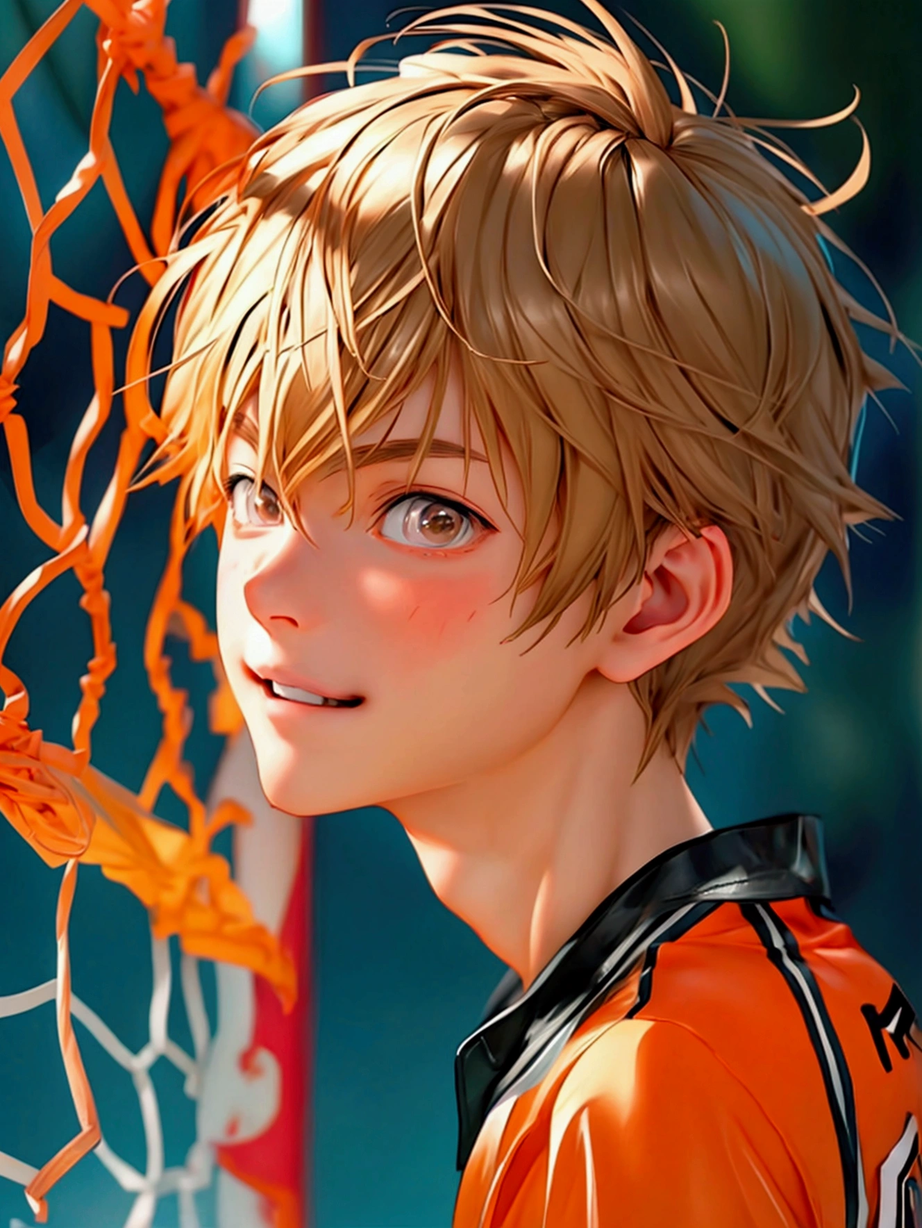 (Very realistic, concentrate、High resolution, Detailed face, Detailed Hair,fine grain)，Official Art，8k wallpaper，figure，((One boy)), Shorthair with light brown hair、Light brown eyes、smile, Trendy clothing，sneakers，whole body，Hands hang down naturally，bright smile,orange hair color, Japanese anime style, anime volleyball boy