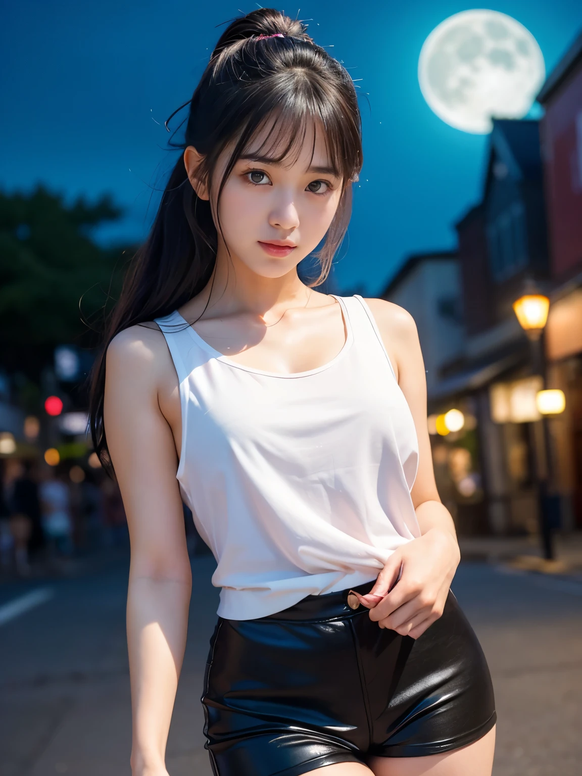 (Best-quality, Masterpiece, Ultra-High-Resolution, (Photorealistic:1.4), Raw Photo, depth of field, professional lighting, perfect anatomy, extremely details), (at midnight, on Japanese-main-street, beautiful night-sky, beautiful star, beautiful moon), 1girl, 15-years-old, the most famous Japanese idol, (wearing white sleeveless-shirt and light-pink shorts), standing, (extremely cute face, (((extremely cute and extremely big black-eyes))), extremely cute and extremely black-long-hair, (((extremely beautiful and extremely realistic skins))), extremely cute long-eyelashes, extremely cute lips, extremely beautiful thighs)