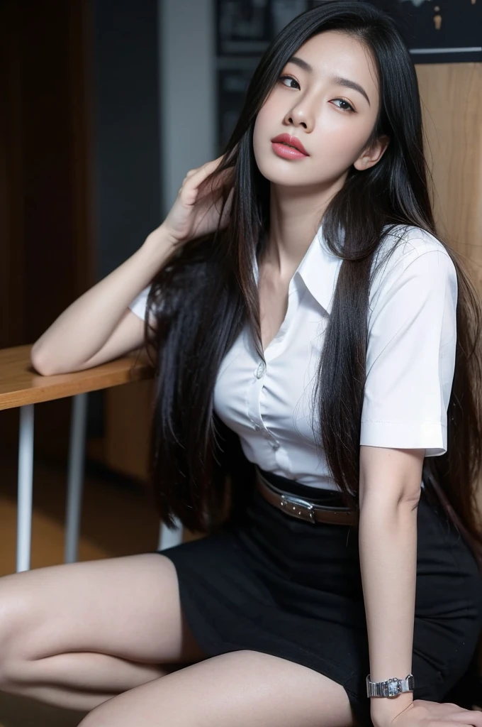 side pose:1.2, thai university uniform:1.4,Close ~ eyes:1.2,Open your mouth:1.2,Tired face:1.2,Face of Suffering:1.2,sky face:1.2,sleeping face:1.2, white short-sleeve button up shirt:1.2, black tight mini skirt:1.2, brown suede belt:1.2, silver metal shirt buttons:1.2, black straight long hair, masterpiece、beautiful girl、fine 目、puffy eyes、highest quality, High resolution, (reality: 1.4), Cinema Lighting,so beautiful、Beautiful Skin、(super reality)、(High resolution)、(8k)、(Very detailed)、(beautiful and fine 目)、(Very detailed)、 Detailed face, 20s, in the dark classroom:1.3, looking up the sky:1.2, dark tone:1.2, cowboy shot:1.1, hair on the face:1.2, hide hands between legs:1.2, perfect figure, perfect body proportions