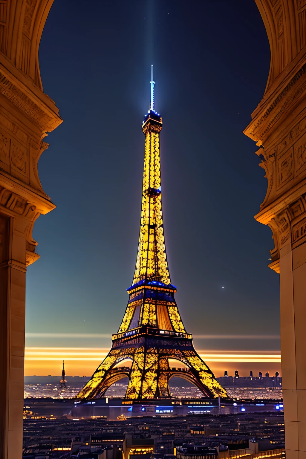 In the heart of an anticipated Paris Olympic future, a majestic building stands out as an iconic symbol. The Eiffel Tower, elegantly illuminated, serves as a backdrop. The Olympic ring elements are prominently displayed, intertwined in a harmonious dance above the cityscape, casting a radiant glow on the city below. The ring is a blend of modern and classic design, its chromium finish gleaming under the artificial moonlight. The air is filled with an electric anticipation, the city alive with the energy of the approaching games. The buildings surrounding the Eiffel Tower are adorned with French flags and lights, creating a stunning panorama. The ground is bustling with activity,