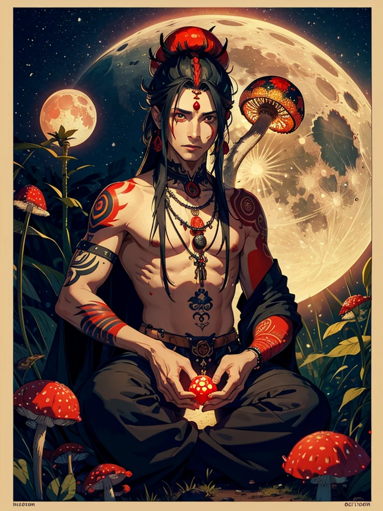 A shaman with tattoos holds a red fly agaric in his hands. night, moon , shaman's drum with runes