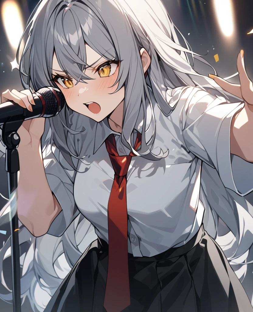 yellow eyes, gray hair카락, ((high quality)), 1 woman, long hair, gray hair, mike, white shirt, black skirt, red tie, Singing, mike 잡고 있는 포즈, confident expression, note