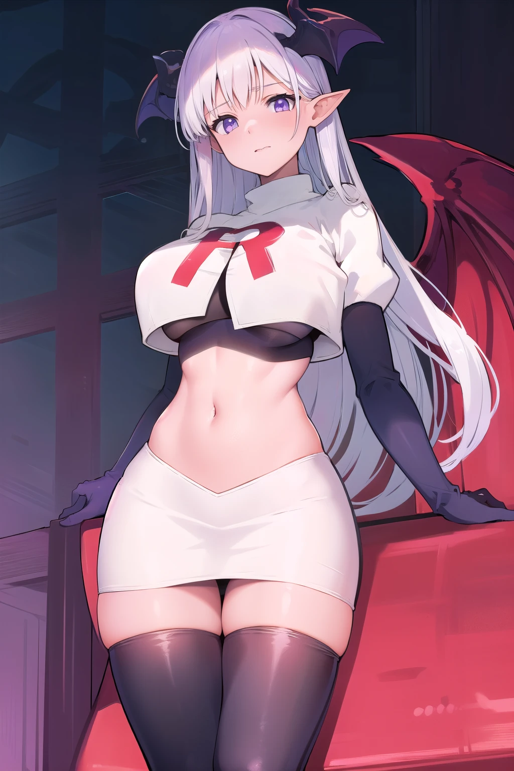 1girl,blue-purple eyes,large breasts,albionsuccubus,bat wings, team rocket,team rocket uniform,white skirt,red letter R,crop top,black thigh-highs,black elbow gloves
 