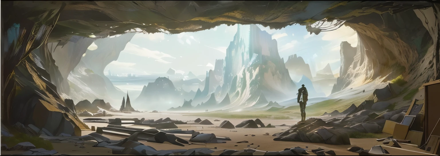 A man standing in a cave,Background of sky, concept艺术 for movie, concept艺术 for a video game, concept艺术 scene, concept艺术 for movies, oil paint concept艺术, painterly concept艺术, concept, concept艺术, concept艺术!, Inspired by Matthijs Maris, Environmental Design, disco elysium concept艺术, concept艺术