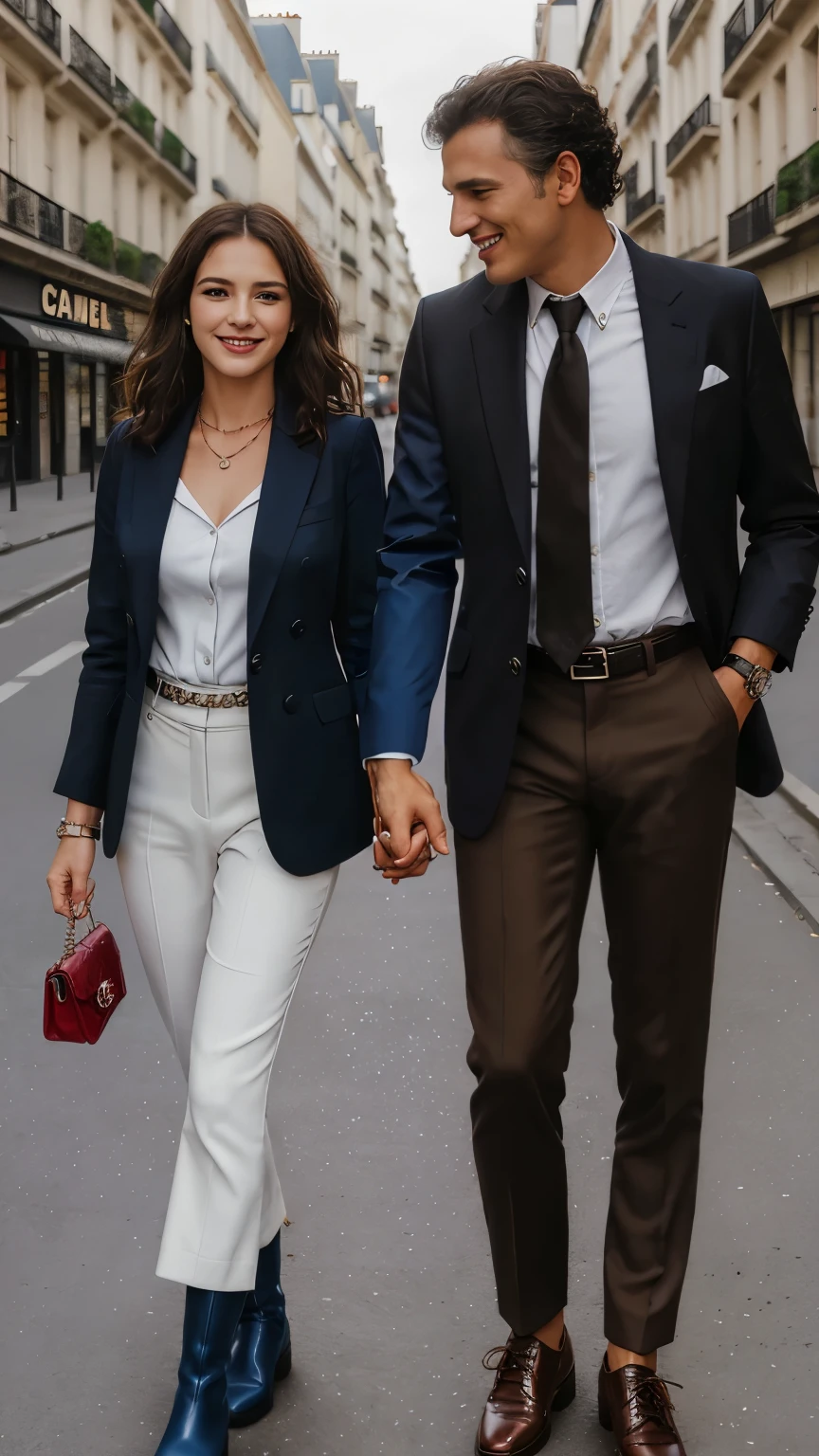Front view, Full-body, couple is standing pose , on street , in Paris, looking Eiffel Tower, 2020 years ,(1 male and 1 female is existence), (1 male American Black man, 1 boy is 50 age old), ( black hair, wavy perm, brave,  handsome face, smile ), (American gentleman), ( blue suit style, Jacket suit , vest,  necktie, pants, hand watch,  (brown  shoes)), 1man and 1 woman is couple, each other love,  (A Parisian girl , 18 age, beautiful girl, Parisian girl, 18 years-old, height 175 cm), (light brown hair , blew eye, middle  hair, smile ), (middle breasts, slender whist, middle hip), (White beautiful tuck-in-blouse :1.3), （Red mini skirt: 1.3), (Red enamel Chanel Boots), (small pearl neckless, lady's watch ), (a Chanel shoulder bag, leaser string), (super detail, high details, high quality, accurate, anatomically correct, textured skin, beautiful fingers super detail, high details, high quality, best quality), 