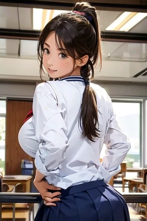 1 girl,highest quality, Beauty, (School uniforms:1.5), indoor, ponytail, (big breasts:1.5), well-groomed face, School, (Booty pose:1.3)