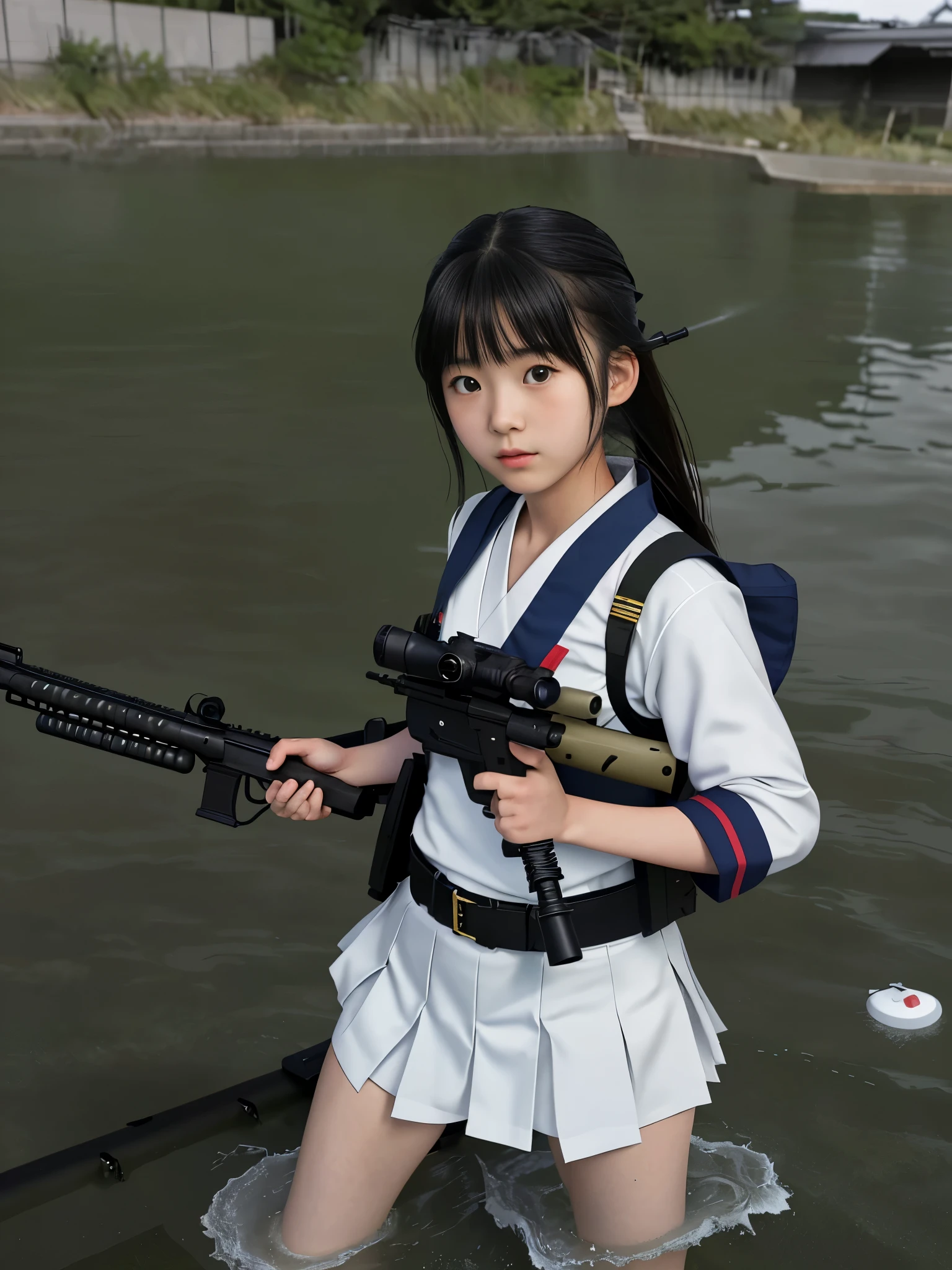 Beautiful Japanese girl in Japanese high school sailor suit fighting on the battlefield、Light Muscle、World War、Modern Warfare Theme、Army Girl、rifle、(Rifle retention: 1.3)、(Rifle aiming and holding: 1.3)、Soldier Girl, Infantry Girl, Gunfight, air raid, Airstrike, army, Camouflage, burning vehicle, bio zone, battlefield, bio, What's left behind, explosion, Burning City, cigarette, (Wearing an army helmet), Ripped tank top, belly button, gloves, Torn army trousers、Face stained with mud and blood、Sweaty skin、bloody skin、Muddy skin、small、Cleavage、Sad look of despair、Painful expression、Anatomically correct body、Highest quality、Ultra-high resolution、Confused、Genuine、Physically Based Rendering、Cinema Lighting、Complex, Cinematic look、Cinematic soft light、Calm tones、Battlefield Background、Background of the urban bio、Realistic、Cowboy Shot、Dynamic Angle