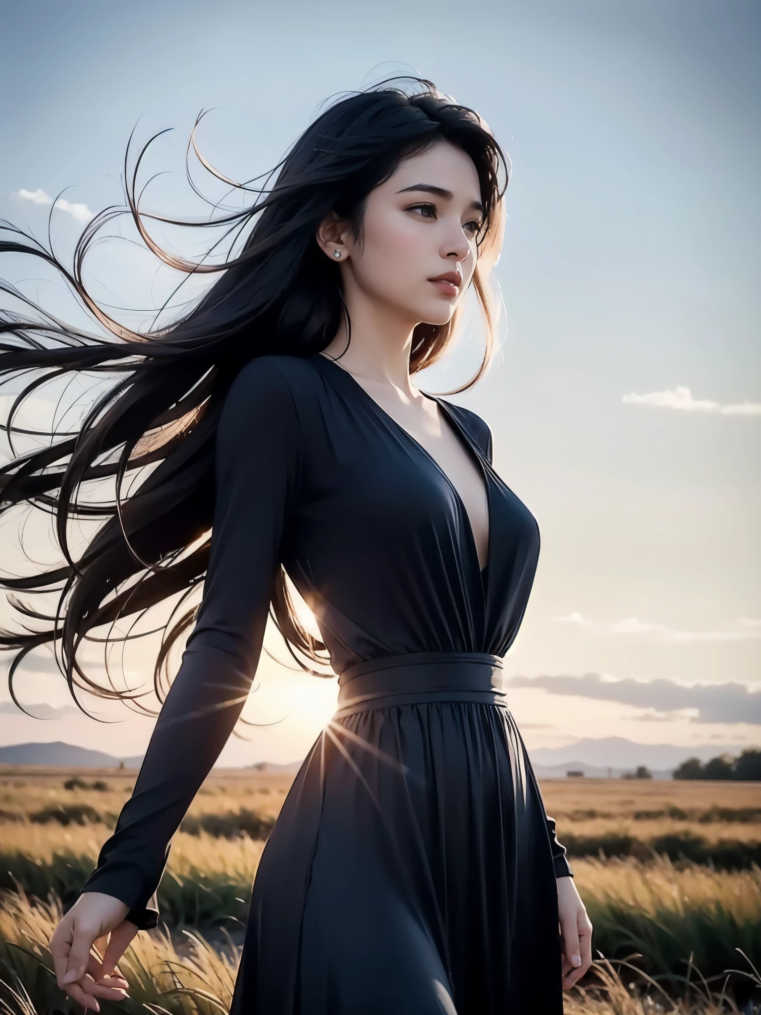 Beneath the open blue sky, a lone figure stands amidst a sunlit field. Her long black hair dances in the gentle breeze, a stark contrast to the crap and the degradation of her dark brown dress. The natural light bathes her in a soft, cinematic glow, emphasizing the intricate details of her skin. This scene is a masterpiece of serene beauty and meticulous artistry.
