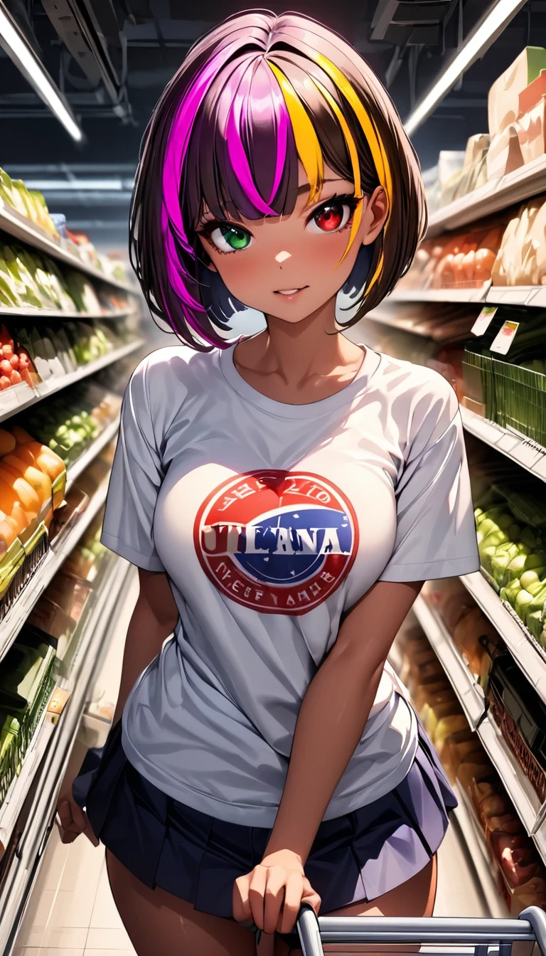 (highest quality:1.2, Very detailed, up to date, Vibrant, Ultra-high resolution, High Contrast, masterpiece:1.2, highest quality, Best aesthetics), Portraiture、girl、solo, (25-years-old:1), slim, heterrochromia, green eye, red eye, short sleeve American T-shirt, mini skirt, shopping in vegetble section of supermarket, Pushing a shopping cart containing many purchases, Bright colors、Beautiful fine details、Beautiful lip detail、extra short hair, ((bob cut:1.5))、pink and purple, ((streaked hair:1.9)), (highlights hair: 1.6), (medium breast:0.7), (tan skin:0.5), cowboy shot:1, look at viewer,